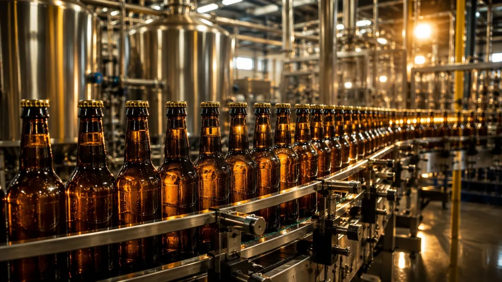 Línea de embotellado de cerveza en planta